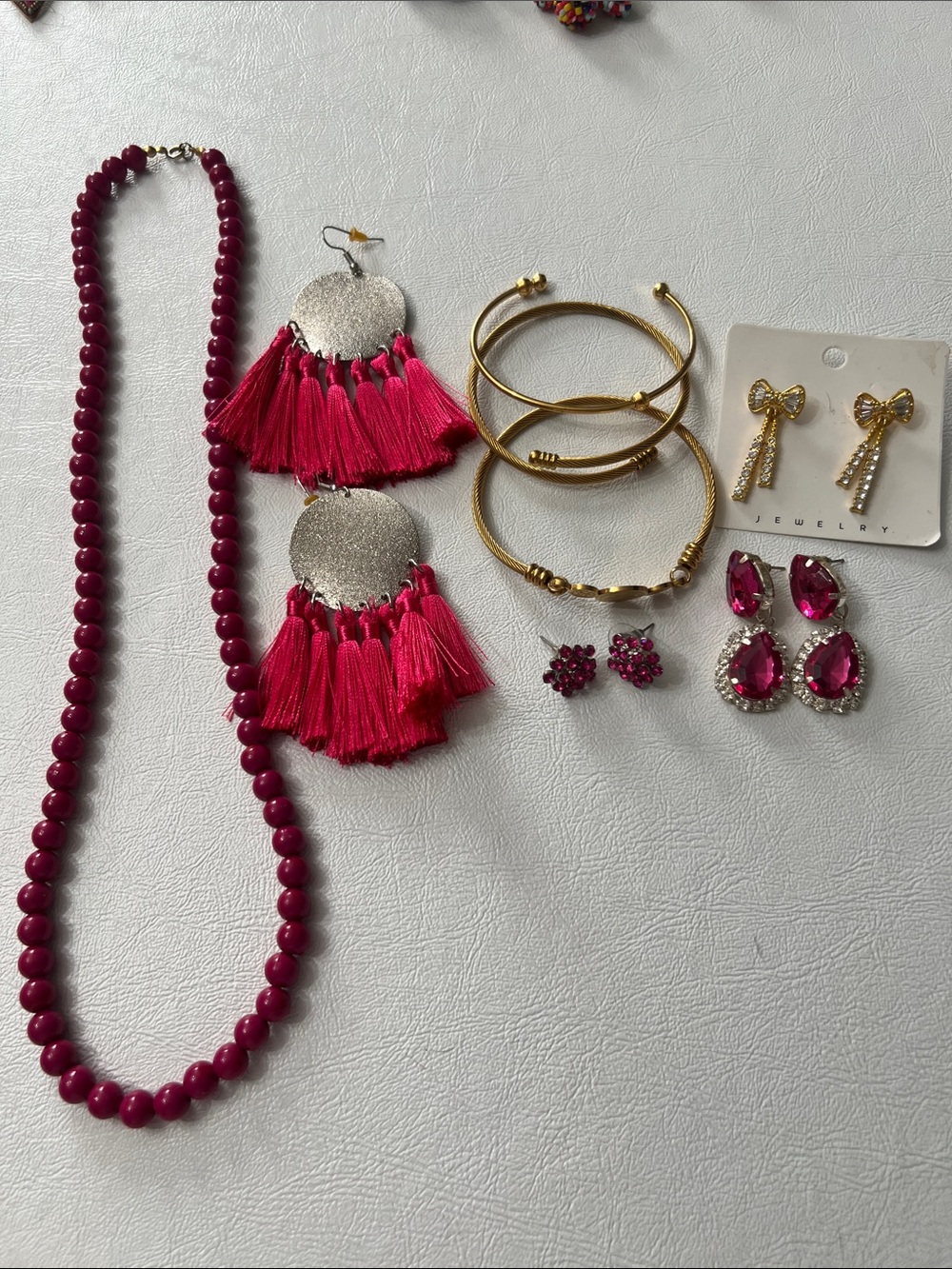 Women’s Fuchsia Tassel Earrings & Bead Necklace Jewelry Set